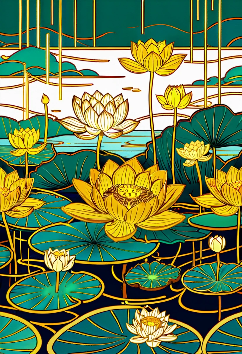 a seamless background with gold lotus flowers and waves, lotus, lotuses, with lotus flowers, stylized illustration, lotus flowers, lotus pond, Linear illustration, lotus flowers on the water, Line Art, lotus flower, Golden Flower, Intricate golden lines, stylized illustration, Water Lily, Gold and green, Line Art, Gold delicate lines