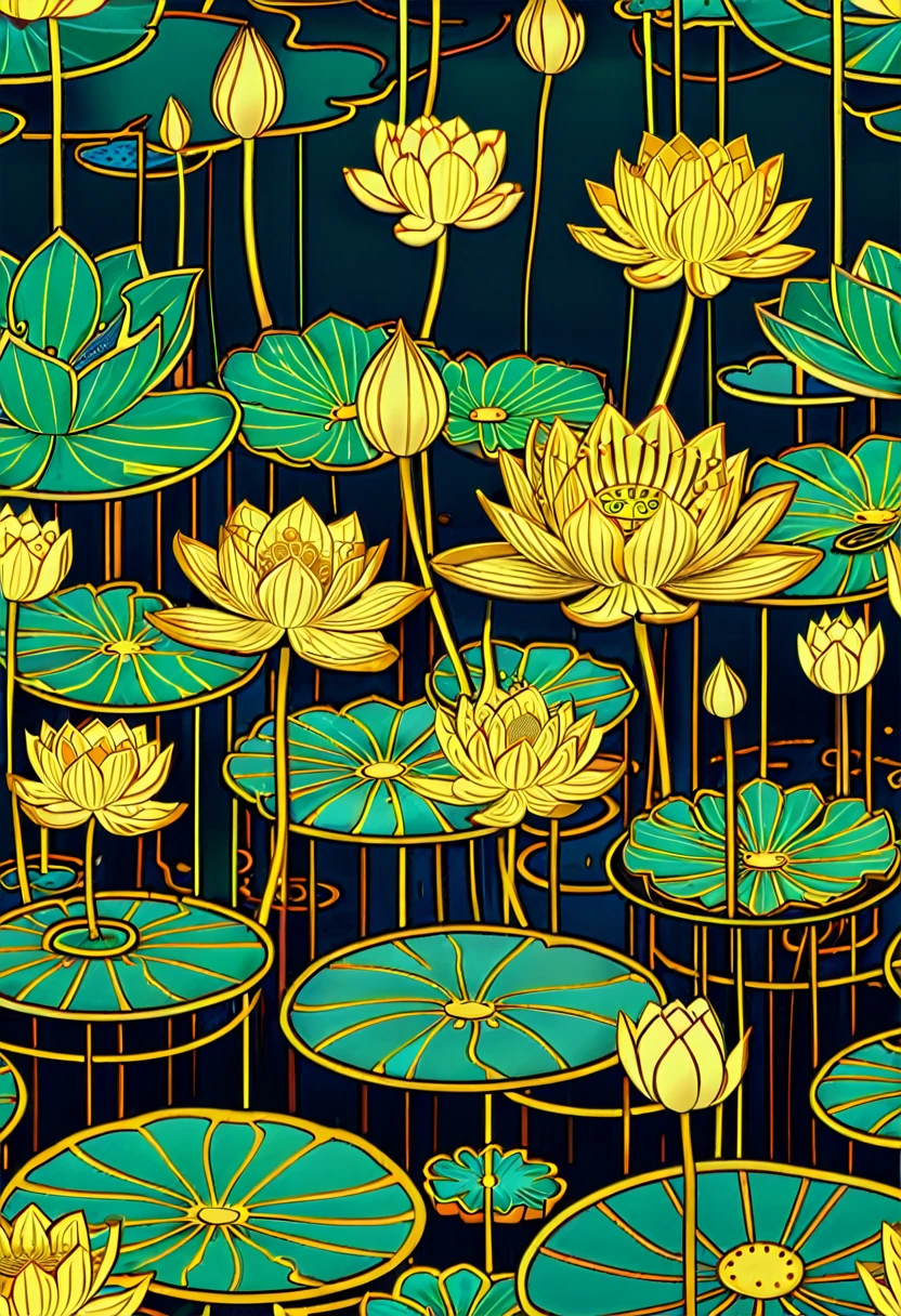 a seamless background with gold lotus flowers and waves, lotus, lotuses, with lotus flowers, stylized illustration, lotus flowers, lotus pond, Linear illustration, lotus flowers on the water, Line Art, lotus flower, Golden Flower, Intricate golden lines, stylized illustration, Water Lily, Gold and green, Line Art, Gold delicate lines