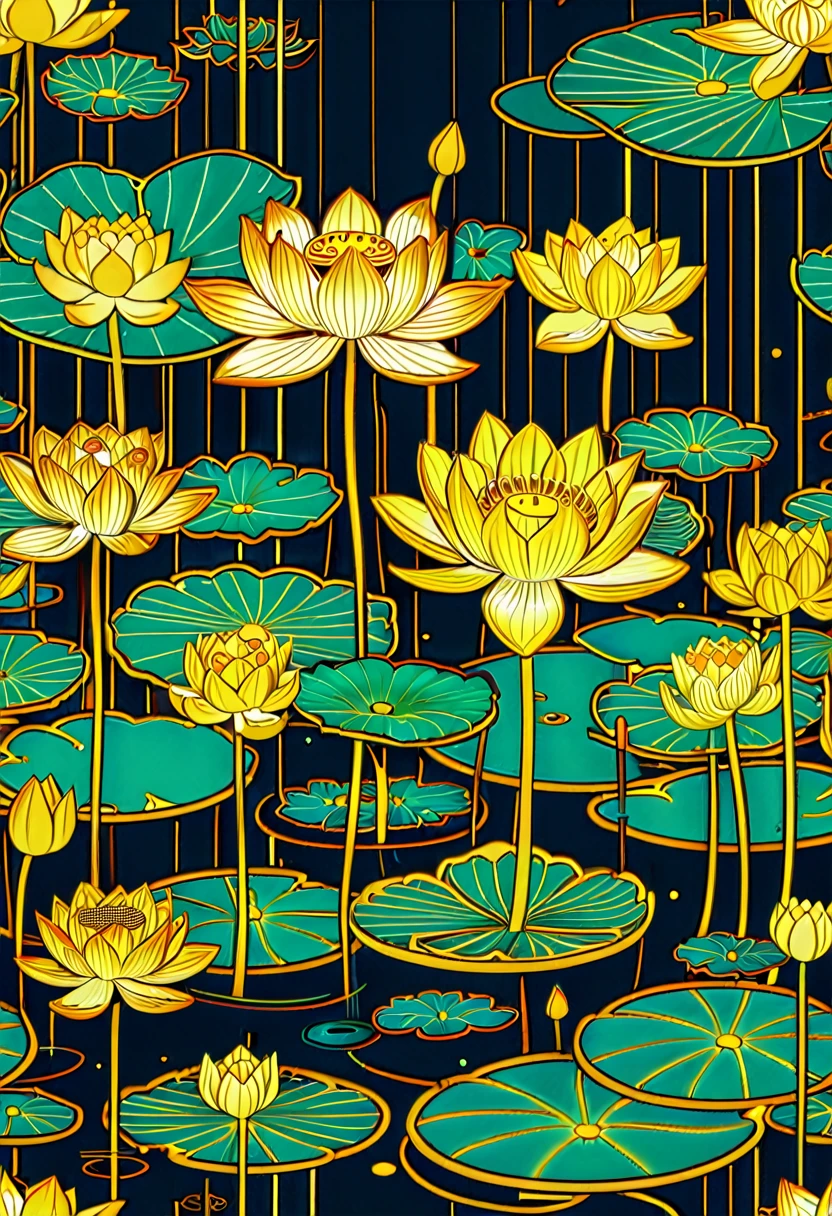 a seamless background with gold lotus flowers and waves, lotus, lotuses, with lotus flowers, stylized illustration, lotus flowers, lotus pond, Linear illustration, lotus flowers on the water, Line Art, lotus flower, Golden Flower, Intricate golden lines, stylized illustration, Water Lily, Gold and green, Line Art, Gold delicate lines