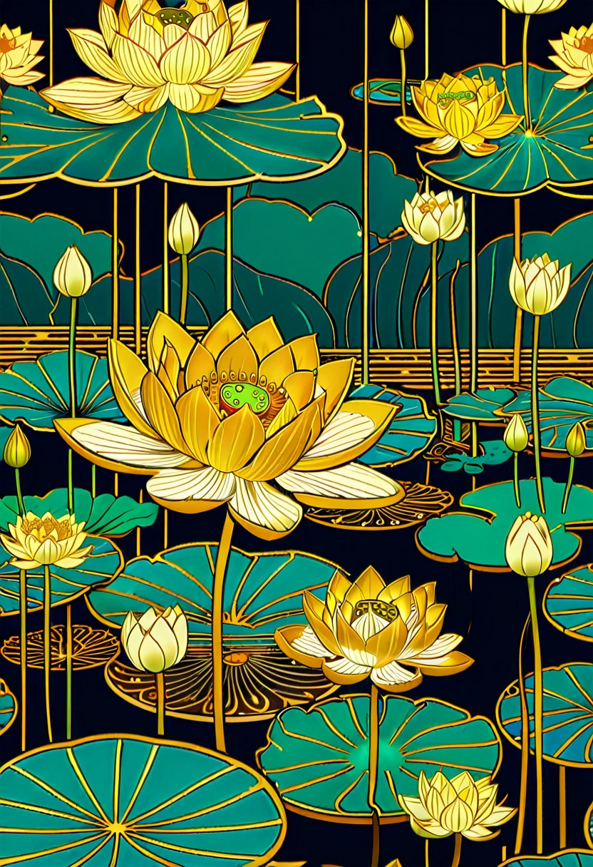 a seamless background with gold lotus flowers and waves, lotus, lotuses, with lotus flowers, stylized illustration, lotus flowers, lotus pond, Linear illustration, lotus flowers on the water, Line Art, lotus flower, Golden Flower, Intricate golden lines, stylized illustration, Water Lily, Gold and green, Line Art, Gold delicate lines