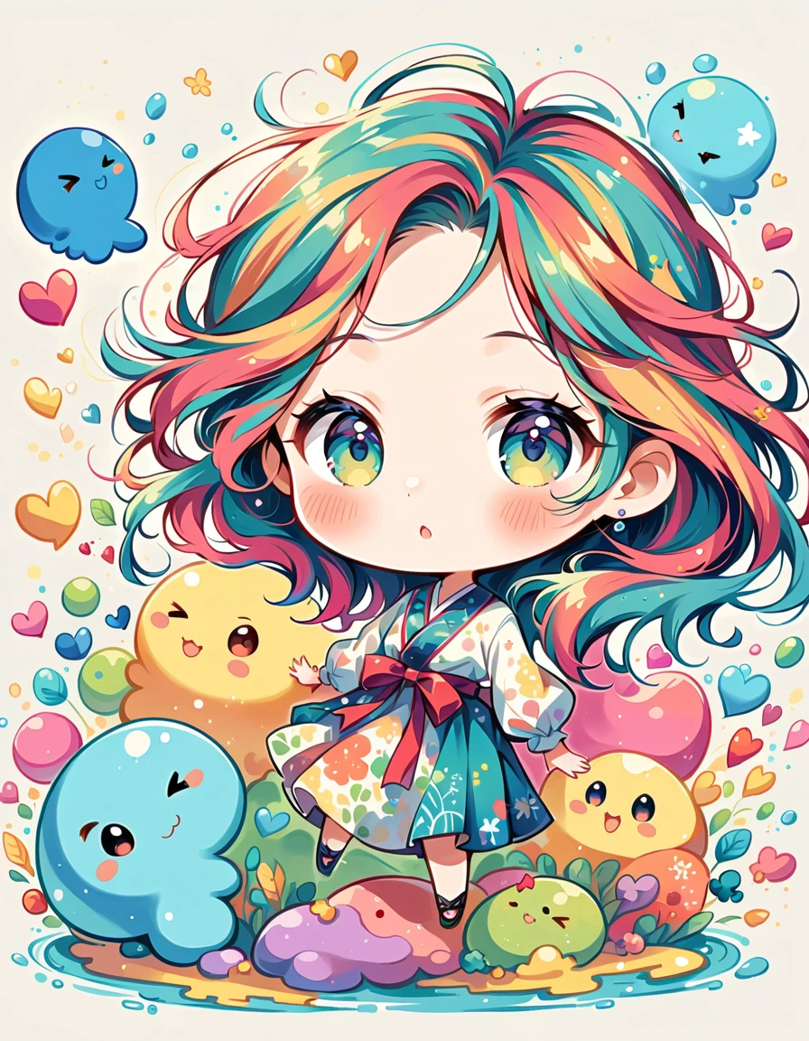 Mai Yoneyama style, Simple Line Initialism，Abstract art，Urban Background, colorful hearts ,(((The most beautiful girl of all time))), (((chibi))), (((Cute amoeba))), Water Play