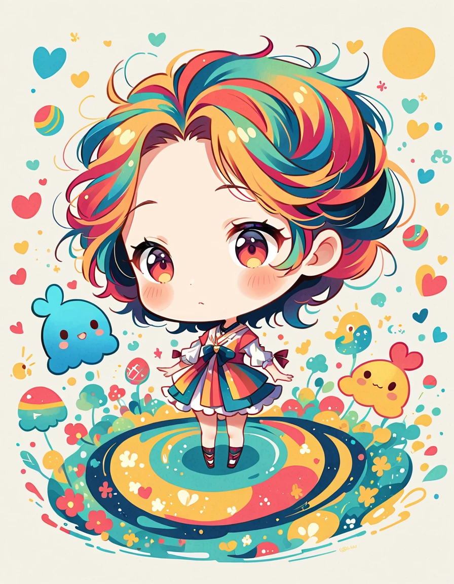 Mai Yoneyama style, Simple Line Initialism，Abstract art，Urban Background, colorful hearts ,(((The most beautiful girl of all time))), (((chibi))), (((Cute amoeba))), Water Play