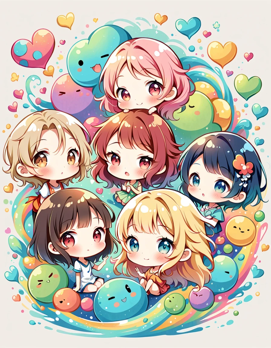 Mai Yoneyama style, Simple Line Initialism,Abstract art,Urban Background, colorful hearts ,(((The most beautiful girl of all time))), (((chibi))), (((Cute amoeba))), Water Play