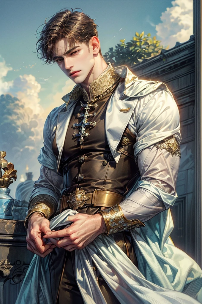 ((Best quality)), ((masterpiece)), (detailed), ((perfect face)), ((halfbody)) handsome face, male, teen boy, perfect proportions, character masculine manhwa, ((brown light)) short hair, ((brown)) eyes, male version, ((white)) prince clothes, ((white)) suit, body in good shape, serious expression, head up, looking down, arrogant look, ((white)) castle detailed background, ((white)) castle detailed scenery background