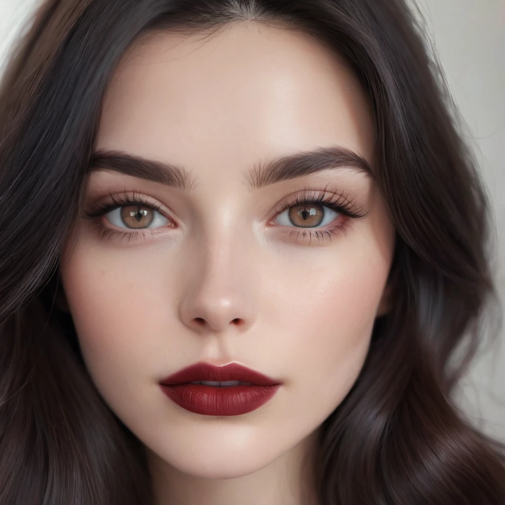 a hyper-realistic close-up portrait of a woman with a strikingly beautiful face. She has smooth, flawless skin with a subtle glow. Her eyes are almond-shaped, with deep, expressive brown irises and long, thick eyelashes. Her eyebrows are perfectly arched and well-defined. She has voluminous, wavy, jet-black hair framing her face. Her lips are full and luscious, painted in a deep, glossy red lipstick. The overall color palette is warm, with an emphasis on rich browns and reds. The lighting should be soft and even, highlighting the contours of her face and giving a polished, glamorous look. The background is blurred to keep the focus on her face.
