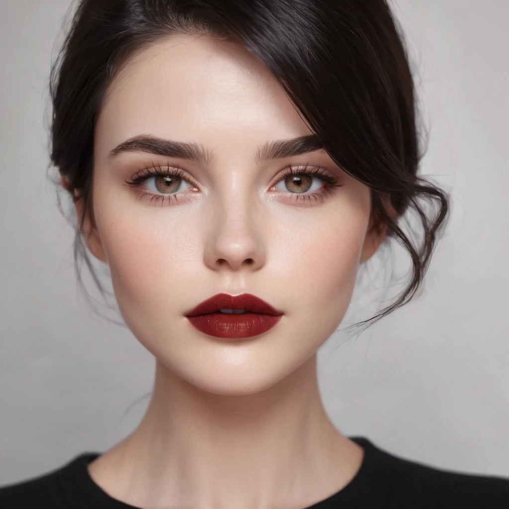 a hyper-realistic close-up portrait of a woman with a strikingly beautiful face. She has smooth, flawless skin with a subtle glow. Her eyes are almond-shaped, with deep, expressive brown irises and long, thick eyelashes. Her eyebrows are perfectly arched and well-defined. She has voluminous, wavy, jet-black hair framing her face. Her lips are full and luscious, painted in a deep, glossy red lipstick. The overall color palette is warm, with an emphasis on rich browns and reds. The lighting should be soft and even, highlighting the contours of her face and giving a polished, glamorous look. The background is blurred to keep the focus on her face.