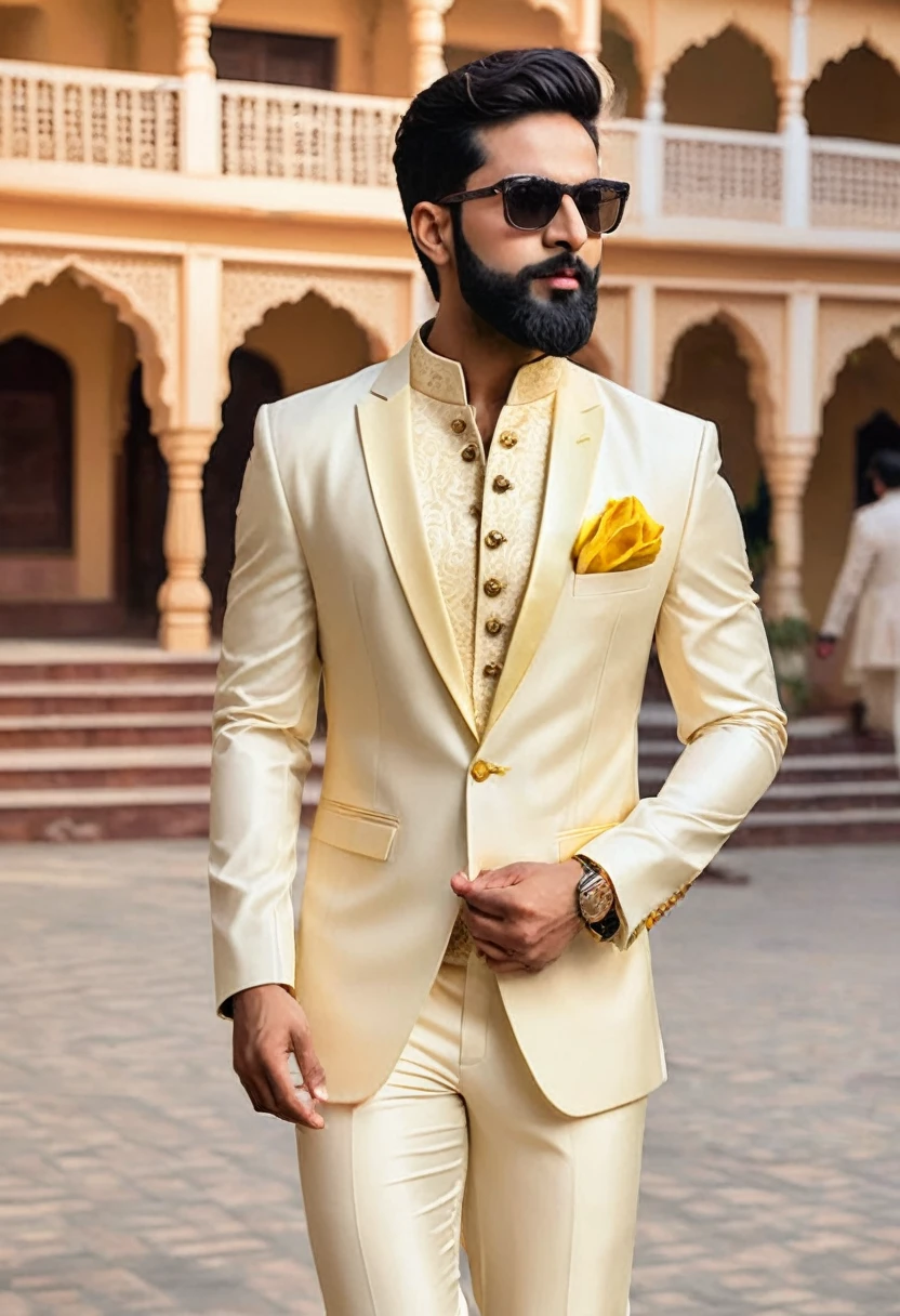 Ivory suit  for men .wedding for haldi function ,ultra realistic ,dancing mood 
