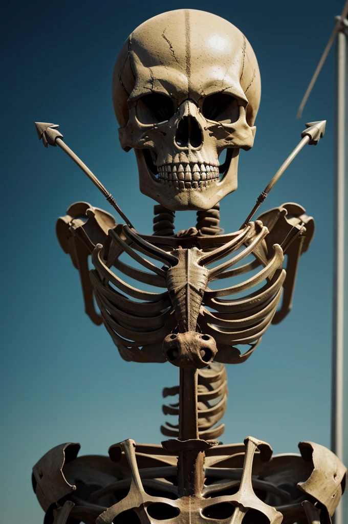 a picture of a skeleton with arrows in it, hypermaxiymalism, formulas, with a skeleton army, :6, success, skeleton climbing, skeletons rising from the dead, \'the soul creates, you grow. then you focus on shit, skeletons on the ground, the key of life, very powerful, the head of the man is a skull