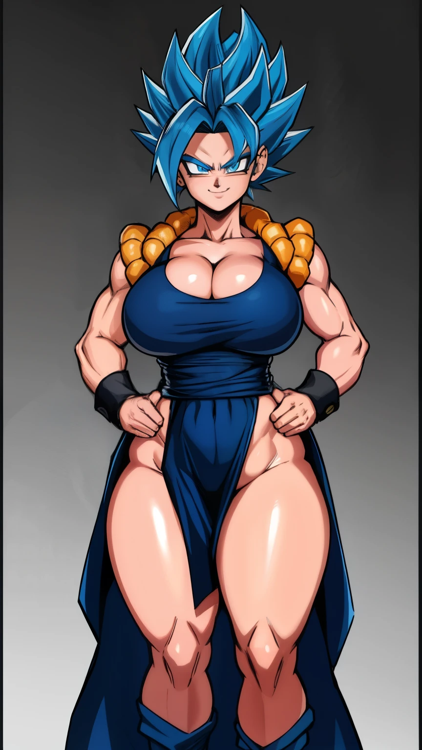 [NSFW] RAW photo, (high detailed skin, detailed eyes:1.1), intricate details, best quality, 8k uhd, soft lighting, Gogeta, breasts, (female:1.2), 1girl, yellow vest, black wristbands, dougi, smile, blue hair, 1 hair bang, super saiyan blue, blue eyes, Full body naked, large breasts, wide hips, curvy, thin waist