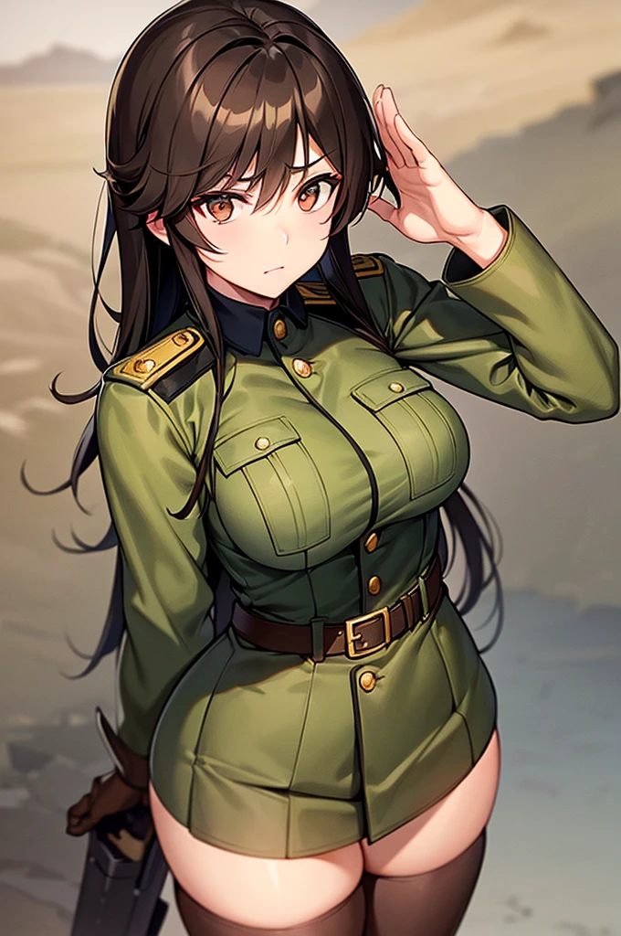 Content:
A black, adult female general with long brown hair and brown eyes. She has a mature face and is wearing a uniform loosely inspired by German military attire. She is saluting the camera with a confident and serious expression, her left hand behind her back.

Medium:
Digital art, anime illustration.

Style:
Pixiv contest winner, fine art, incorporating elements from historical military aesthetics and anime character design to emphasize a confident and mature look. Drawing style references from artists known for their strong, detailed character portrayals like Yoji Shinkawa.

Lighting:
Dramatic, with strong contrasts to highlight her authoritative presence and the details of her uniform. Subtle shadows add depth and realism, emphasizing her serious demeanor.

Colours:
A palette of military greens and browns, with subtle highlights to bring out the texture of the uniform and her facial features. The background is a desert setting, enhancing the military theme.

Composition:
A full-body shot, capturing her mature and confident demeanor. She stands tall and proud, with her right hand raised in a salute and her left hand behind her back. The desert landscape serves as the backdrop, reinforcing her military presence.