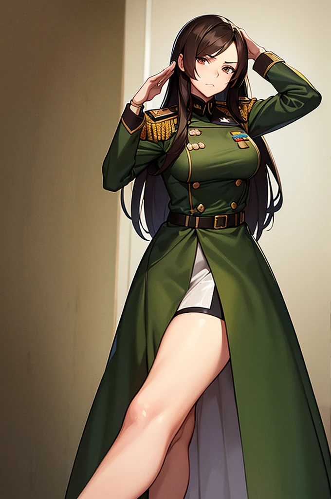 Content:
A black, adult female general with long brown hair and brown eyes. She has a mature face and is wearing a uniform loosely inspired by German military attire. She is saluting the camera with a confident and serious expression, her left hand behind her back.
Medium:
Digital art, anime illustration.
Style:
Pixiv contest winner, fine art, incorporating elements from historical military aesthetics and anime character design to emphasize a confident and mature look. Drawing style references from artists known for their strong, detailed character portrayals like Yoji Shinkawa.
Lighting:
Dramatic, with strong contrasts to highlight her authoritative presence and the details of her uniform. Subtle shadows add depth and realism, emphasizing her serious demeanor.
Colours:
A palette of military greens and browns, with subtle highlights to bring out the texture of the uniform and her facial features. The background is a desert setting, enhancing the military theme.
Composition:
A full-body shot, capturing her mature and confident demeanor. She stands tall and proud, with her right hand raised in a salute and her left hand behind her back. The desert landscape serves as the backdrop, reinforcing her military presence.