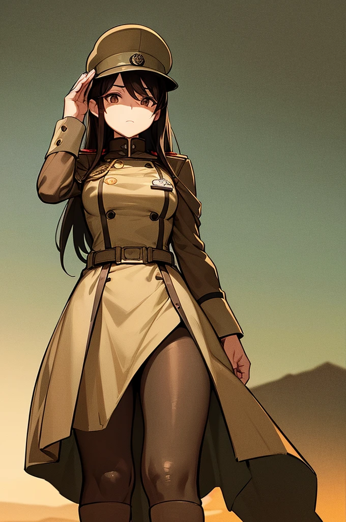 Content:
A black anime woman in a uniform inspired by German WW2 attire, standing in the desert. She has a mature face with long brown hair and brown eyes, exuding confidence and authority. She is depicted as a military general.

Medium:
Concept art, digital illustration.

Style:
Inspired by Yasutomo Oka, Pixiv, Shin Hanga, Fujita Goro, Range Murata, and Artgerm. Incorporating elements from dieselpunk aesthetics and detailed, fine art.

Lighting:
Dramatic, with strong contrasts to highlight her authoritative presence and the intricate details of her uniform. Subtle shadows add depth and realism.

Colours:
A palette dominated by military greens, browns, and desert hues, with subtle highlights to bring out the texture of the uniform and her features. The background features a desert landscape, emphasizing the military theme.

Composition:
A full-body shot, showcasing her mature and confident stance. She stands with a commanding presence, right hand saluting, and left hand behind her back. The desert environment enhances her military aura and the overall composition.