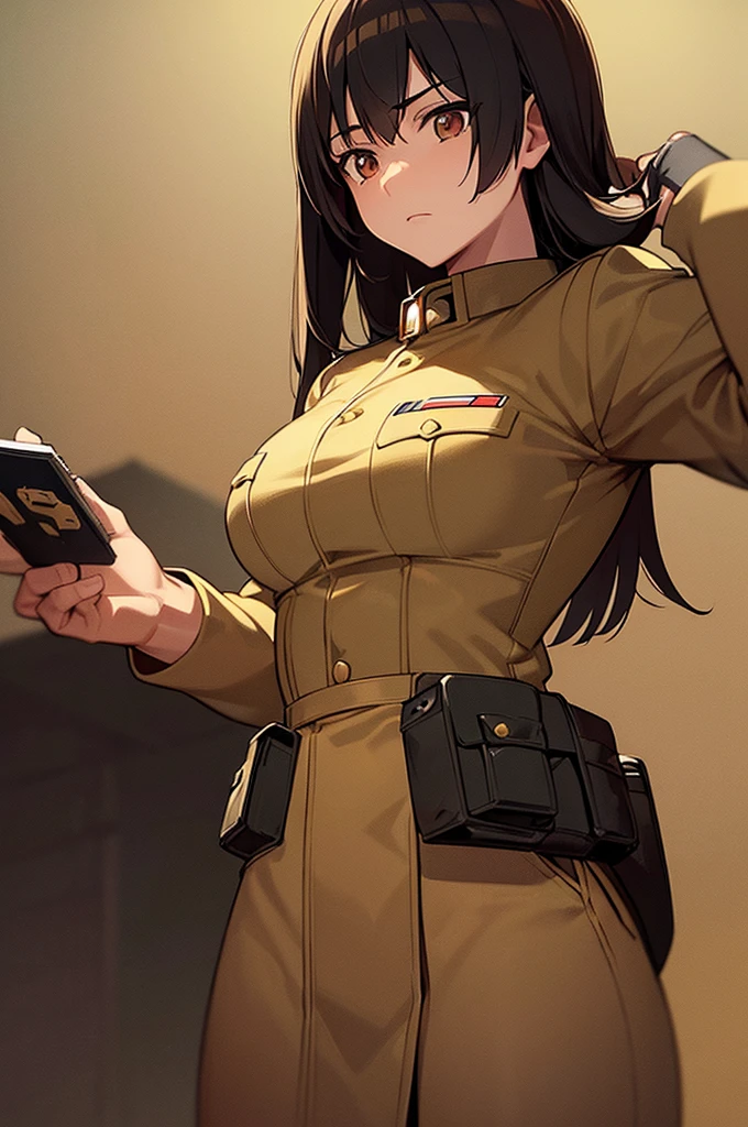 Content:
A black anime woman in a uniform inspired by German WW2 attire, standing in the desert. She has a mature face with long brown hair and brown eyes, exuding confidence and authority. She is depicted as a military general.

Medium:
Concept art, digital illustration.

Style:
Inspired by Yasutomo Oka, Pixiv, Shin Hanga, Fujita Goro, Range Murata, and Artgerm. Incorporating elements from dieselpunk aesthetics and detailed, fine art.

Lighting:
Dramatic, with strong contrasts to highlight her authoritative presence and the intricate details of her uniform. Subtle shadows add depth and realism.

Colours:
A palette dominated by military greens, browns, and desert hues, with subtle highlights to bring out the texture of the uniform and her features. The background features a desert landscape, emphasizing the military theme.

Composition:
A full-body shot, showcasing her mature and confident stance. She stands with a commanding presence, right hand saluting, and left hand behind her back. The desert environment enhances her military aura and the overall composition.