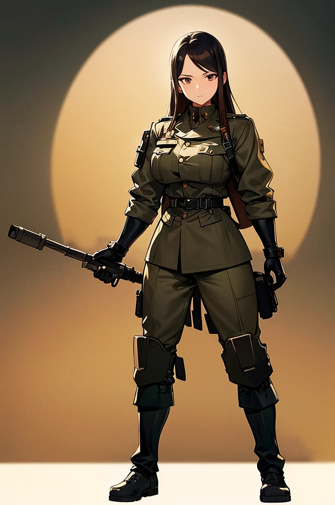Content:
A black anime woman in a uniform inspired by German WW2 attire, standing in the desert. She has a mature face with long brown hair and brown eyes, exuding confidence and authority. She is depicted as a military general.

Medium:
Concept art, digital illustration.

Style:
Inspired by Yasutomo Oka, Pixiv, Shin Hanga, Fujita Goro, Range Murata, and Artgerm. Incorporating elements from dieselpunk aesthetics and detailed, fine art.

Lighting:
Dramatic, with strong contrasts to highlight her authoritative presence and the intricate details of her uniform. Subtle shadows add depth and realism.

Colours:
A palette dominated by military greens, browns, and desert hues, with subtle highlights to bring out the texture of the uniform and her features. The background features a desert landscape, emphasizing the military theme.

Composition:
A full-body shot, showcasing her mature and confident stance. She stands with a commanding presence, right hand saluting, and left hand behind her back. The desert environment enhances her military aura and the overall composition.