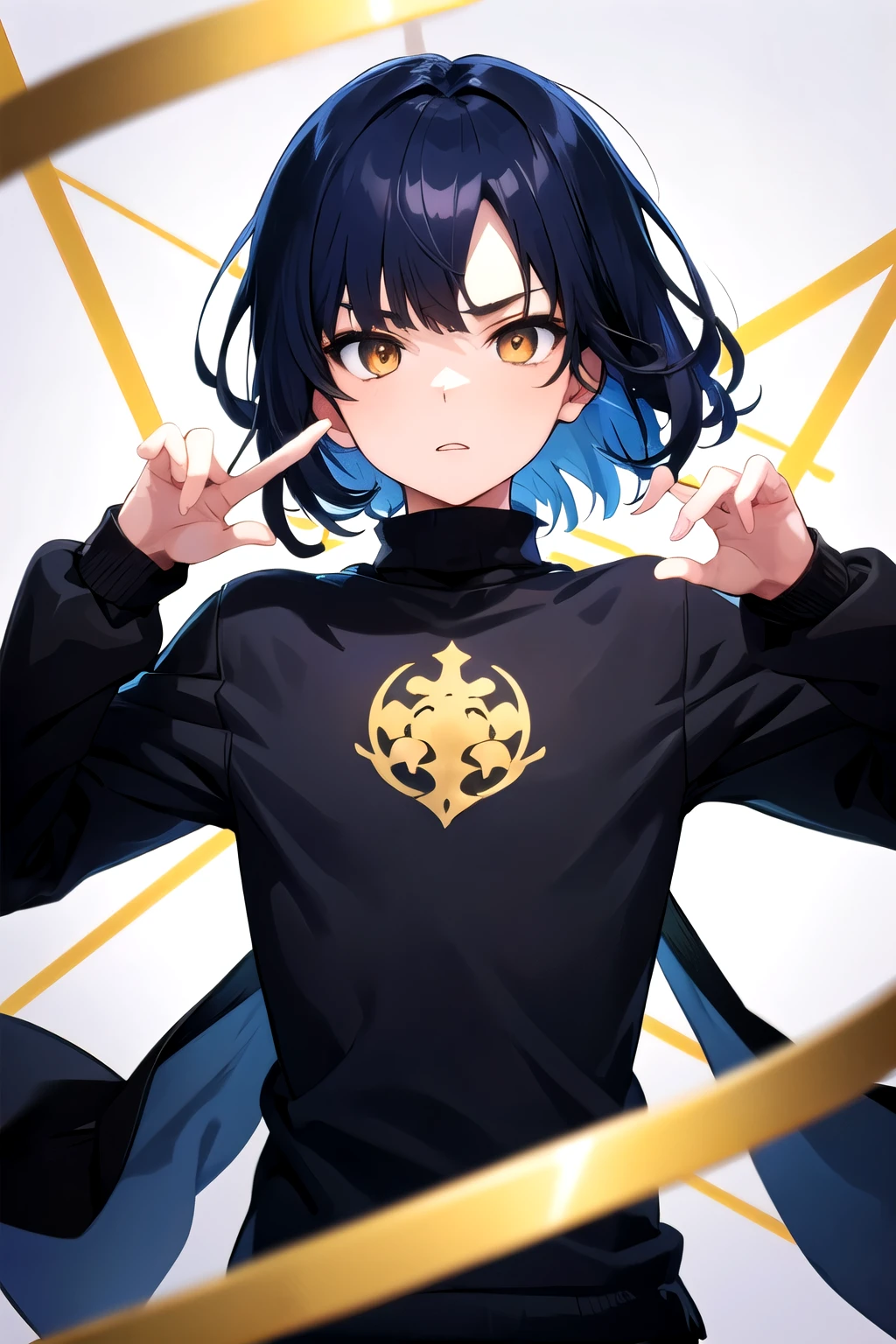 ((beste Qualität)), Gold Eyes, Boy, Dark blue hair, medium length hair, black pullover with a white pattern on it, Anime, VTuber, Looking into the viewer, Half-body Picture, white background, Neutral pose, Gender Male
