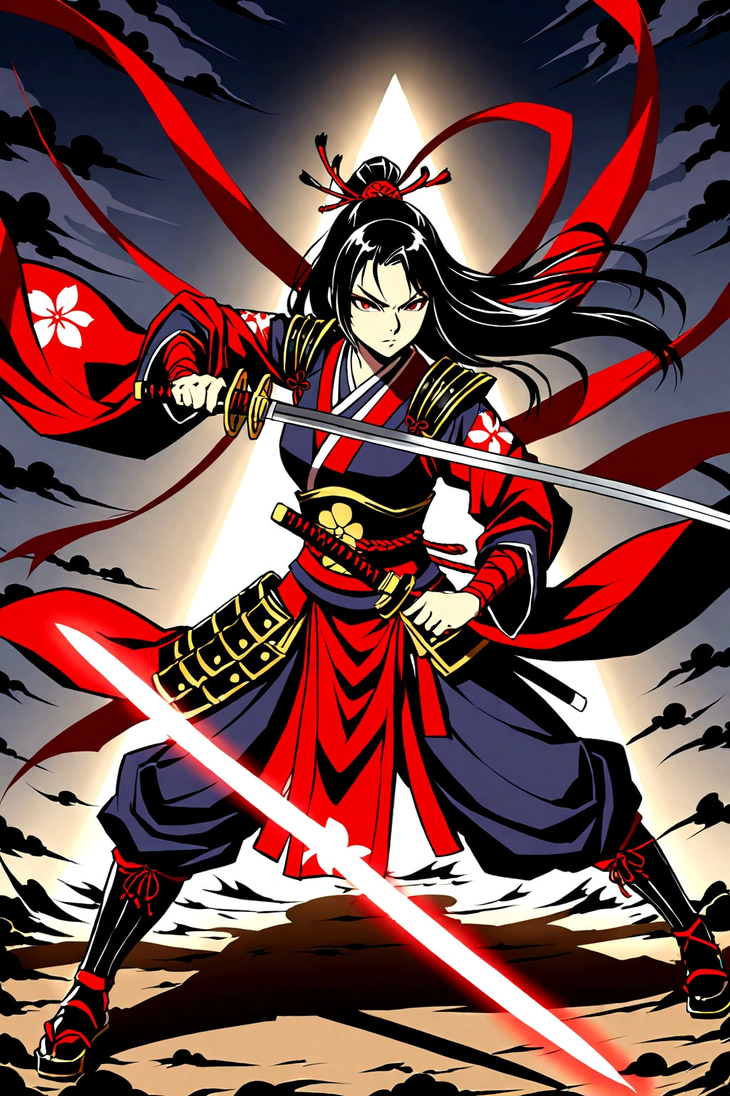 A style that combines traditional Japanese beauty with modern sensibilities.、A powerful and fantastical image。Fearless revolution and anti-war nation、Themes such as Samurai Warriors for Boys and Girls、starの光が描く歴史の物語。Elements of Sum、Boys and girls in Japanese combat uniforms in front、Holding a Japanese sword、たくさんのstar々and its shadow,night、star々、流star、Pose of fighting with a Japan sword