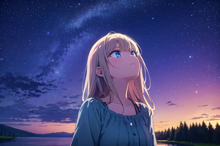 ((Highest quality)), ((masterpiece)), (detailed), Perfect Face, Perfect Arms, anime, Ultra-fine illustration, ((1 person)), Cute girl, Gray medium hair, Blue Eyes, Loose Dress, lake, nature, ((night)), (Looking up at the sky:1.6), hoshizora, starry sky, Upper Body Shot,