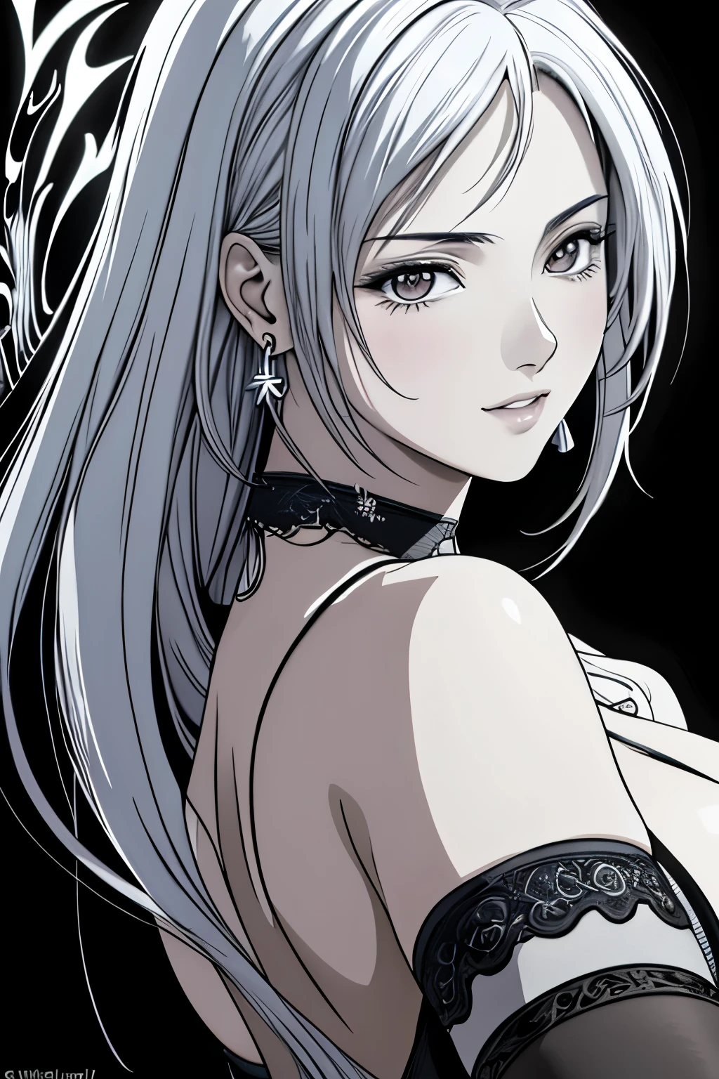 (masterpiece, Highest quality, Highest quality, Official Art, Beautiful and aesthetic:1.2), (Highest quality, masterpiece painting:1.3), black and white line drawings,(Monochrome:1.4),((white background)),Immature woman, 16 years old, (Half Body Shot), masterpiece, Ultra-high resolution, , Abstract art, (Side shot), (Photorealistic:1.0),((white hair)),Straight hair, Beautiful and shiny hair, 白くGlowing Skin, Picturesque, sketch, texture, Ultra-high resolution, alone, Beautiful woman, Very detailed, (Fractal Art:1.1), Most detailed, (Tangled:1.2), (Dynamic pose), (Abstract background:1.3), (Glowing Skin), (Earrings:1.4), (feather:0.9), Taisho romance