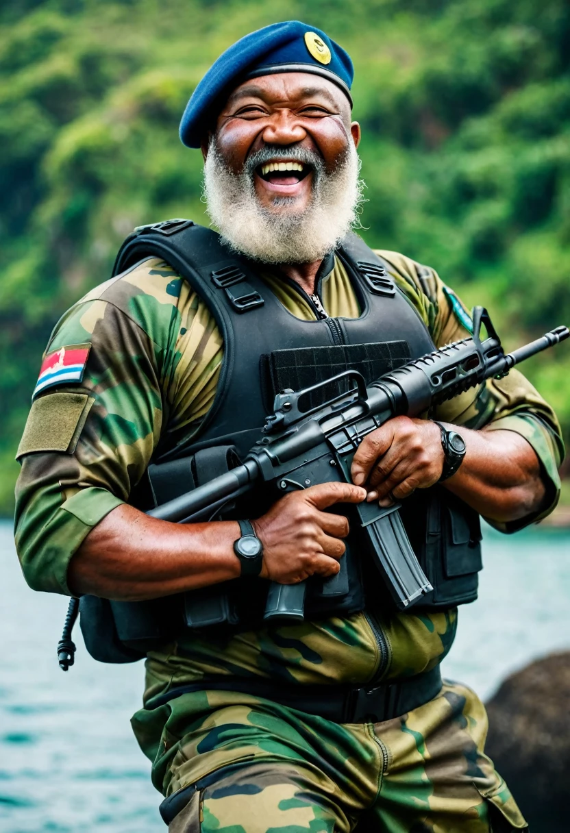 (a dark-skinned bearded fat old man in a bulky camouflage zipper diver suit) wearing army beret, shooting with a gun, muscular, Bruce Onobrakpeya, sumatraism, stanley artgermm, action, a character portrait, heroic, fierce, laughing