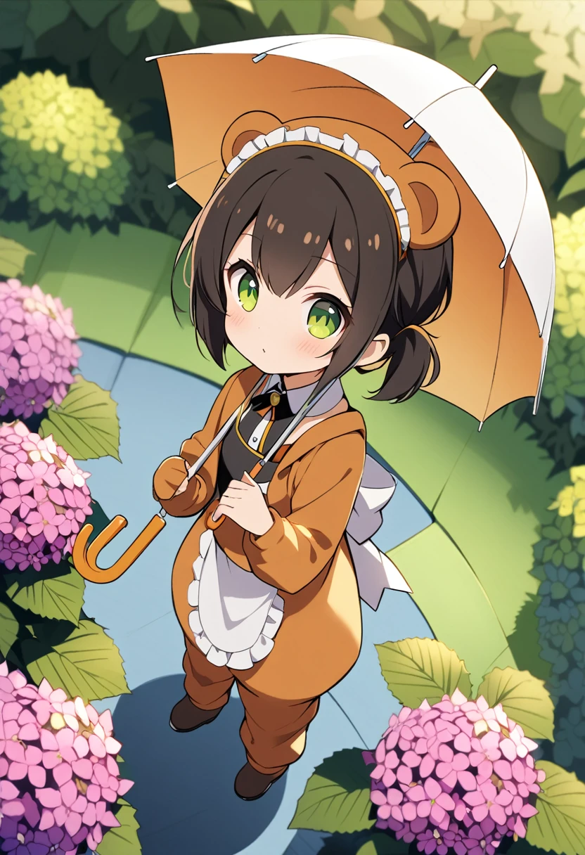 1girl,deltamon_beta, solo, (eyes highlight,((upturned eyes)),((Angle from above:1.3)),from above、Looking at camera,((umbrella:1.3)),
BREAK {ponytail |short twintails | long hair |layered cut|bob cut},{black hair|brown hair|blonde hair},((idol)),((loli,Maid)),((chibi,loli)), (((hydrangea),a lot of flowers)),(bear full body costume Kigurumi),((Holding an umbrella:1.3))