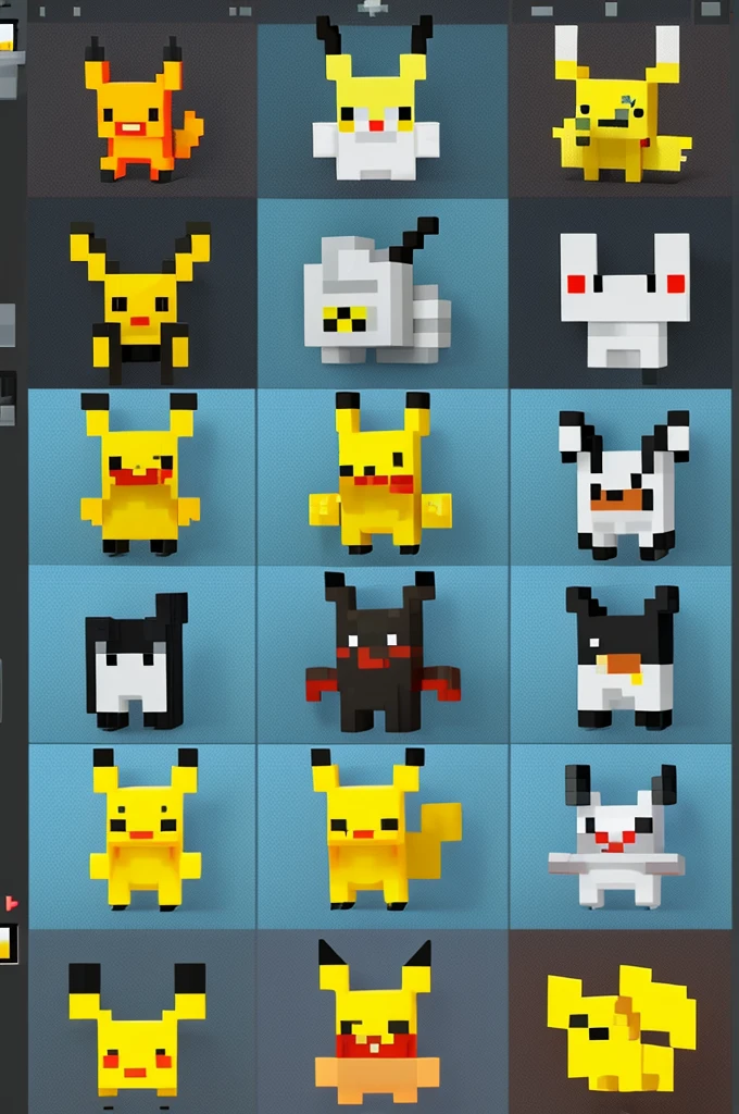 Create a pixel art version of Pikachu as if it were a character in Minecraft, with a focus on clearly defining the hands. The design should feature Pikachu's iconic yellow color, large ears with black tips, and lightning bolt-shaped tail. Include Pikachu's hands, making sure they are visible and distinct, with fingers represented by individual blocks to maintain Minecraft's blocky aesthetics. Use a grid of squares to carefully map out each element of Pikachu's design.