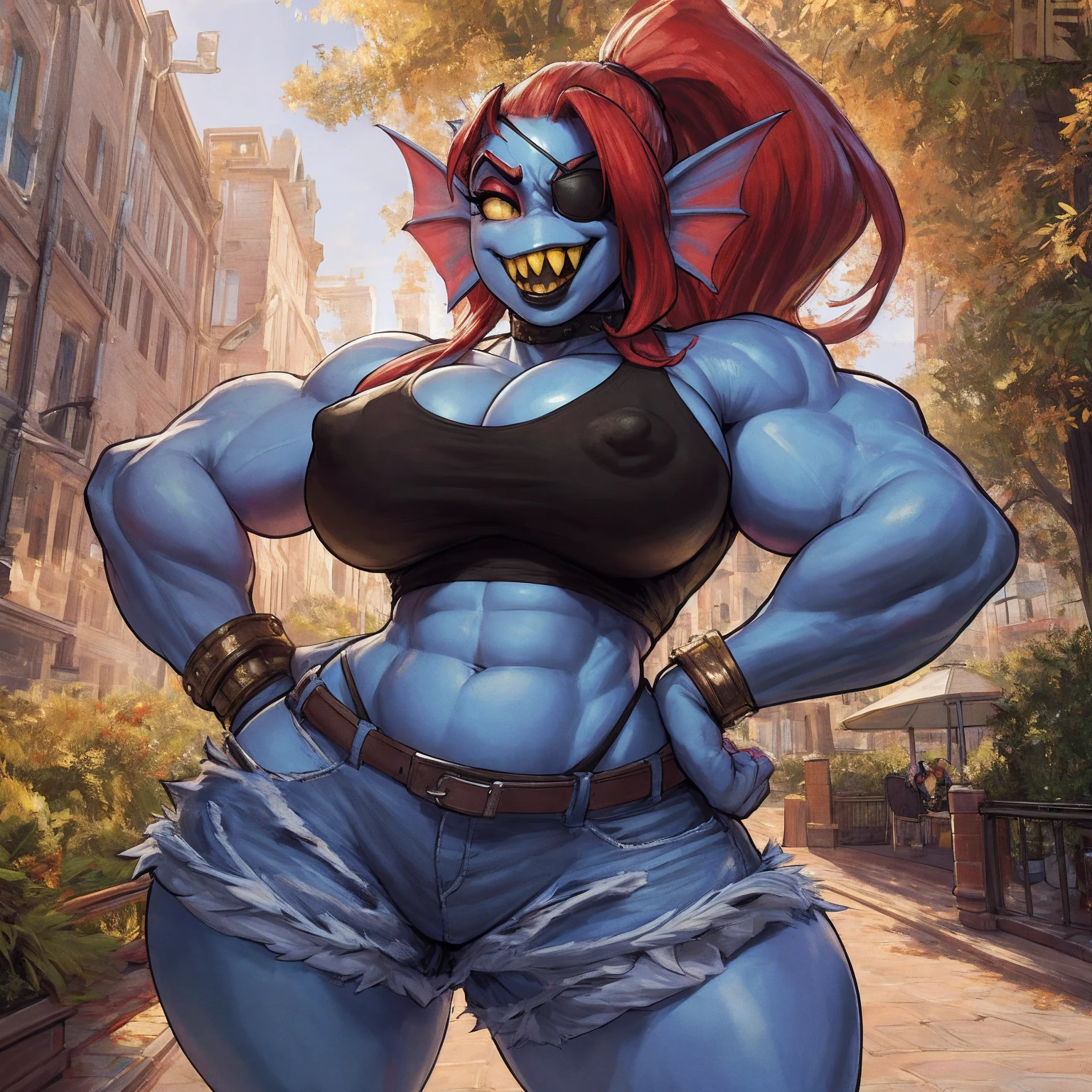 by darkgem, by duase, by bng, solo, 1girl, undyne, blue skin, red hair, huge teeth, yellow teeth, laughing, black eye patch, female, older woman, smooth body, broad shoulders, wide body, wide hips, thick thighs, big arms, heavy breasts, nipple outline, highly detailed eye, milf, tank top, (bare midriff:1.3), cleavage, large areolae, denim cutoffs, visible thong straps, Masterpiece, best quality, absurd res, highly detailed, cleanly drawn eyes, park environment, standing upright, big bottom lip, black lipstick, casual posture, hands on hips,