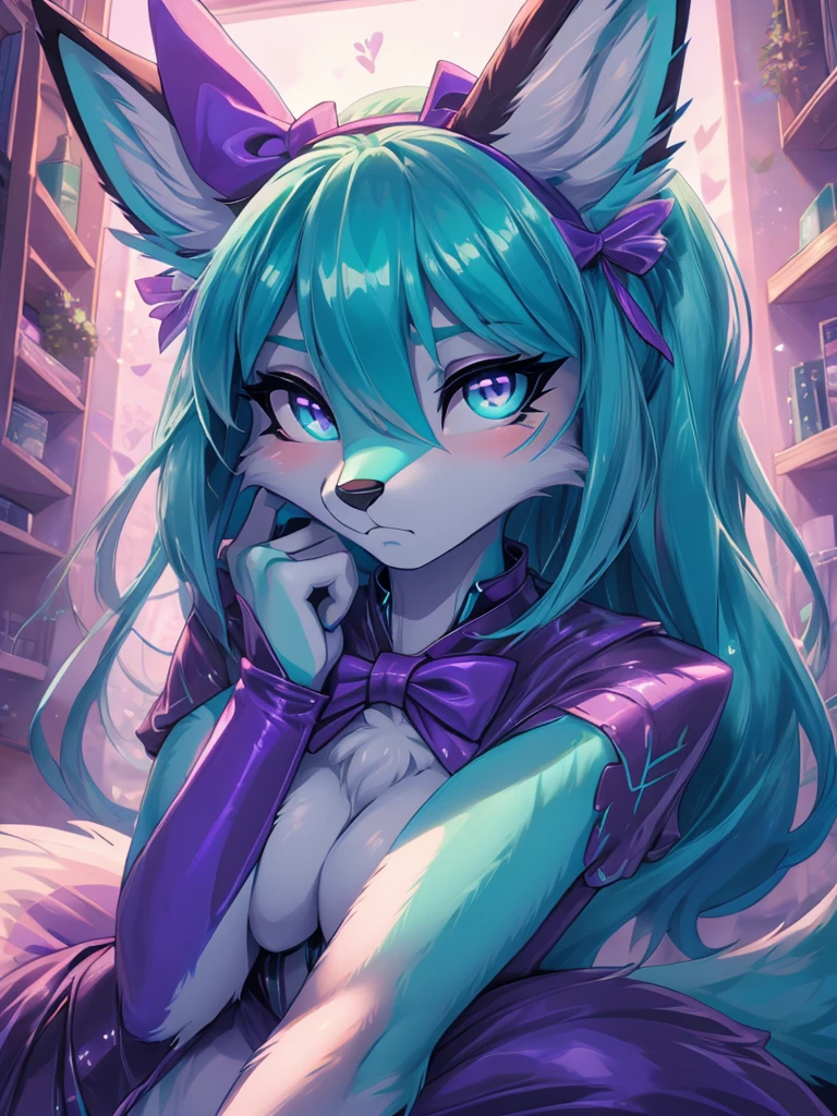 Miku Hatsune x vixen, aqua body add_detail:1 primer plano  High Definition, flirtatious, hands together upset, High Definition, purple iris, add_detail:1, fullbody add_detail:1, sensual body add_detail:1, big purple bow on her head add_detail:1