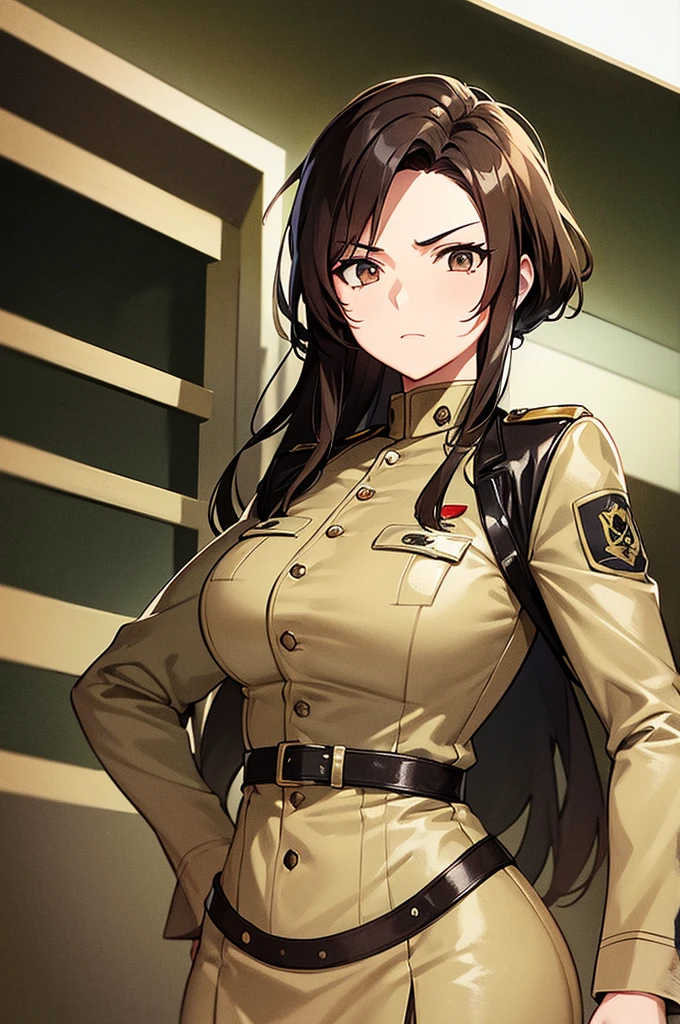 Content:
A black, adult female general with long brown hair and brown eyes. She has a mature face and is wearing a uniform loosely inspired by German military attire. She is saluting the camera with a confident and serious expression, her left hand behind her back.
Medium:
Digital art, anime illustration.
Style:
Pixiv contest winner, fine art, incorporating elements from historical military aesthetics and anime character design to emphasize a confident and mature look. Drawing style references from artists known for their strong, detailed character portrayals like Yoji Shinkawa.
Lighting:
Dramatic, with strong contrasts to highlight her authoritative presence and the details of her uniform. Subtle shadows add depth and realism, emphasizing her serious demeanor.
Colours:
A palette of military greens and browns, with subtle highlights to bring out the texture of the uniform and her facial features. The background is a desert setting, enhancing the military theme.
Composition:
A full-body shot, capturing her mature and confident demeanor. She stands tall and proud, with her right hand raised in a salute and her left hand behind her back. The desert landscape serves as the backdrop, reinforcing her military presence.