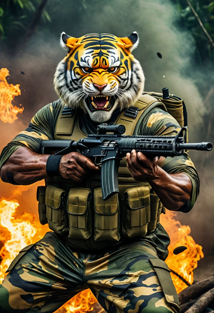 (a dark-skinned fat muscular old man in a bulky army camouflage zipper diver suit) shooting with a rifle and (wearing realistic roaring siberian tiger mask), muscular, Bruce Onobrakpeya, sumatraism, stanley artgermm, action, a character portrait, heroic, fierce, snarling