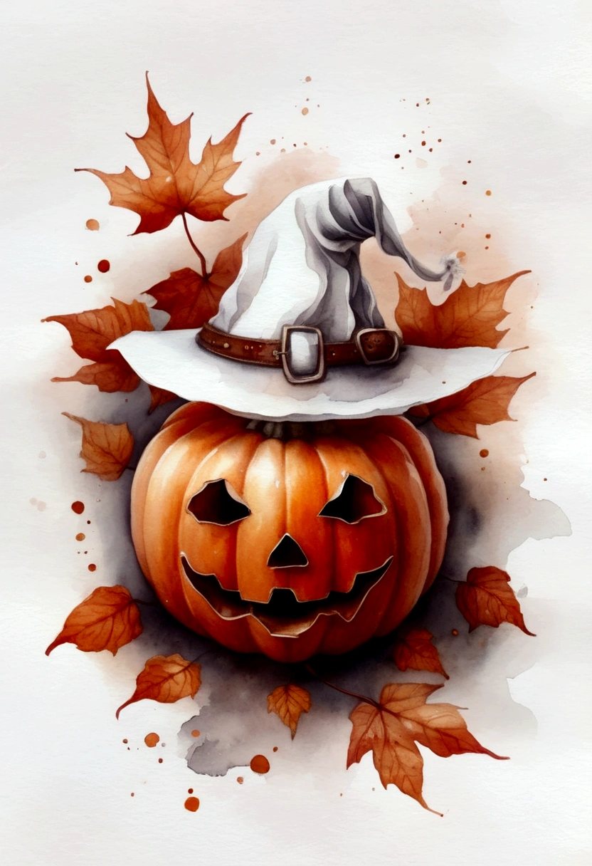Three smiling ghosts,Wear a white hat,Holding orange pumpkin,The ground is covered with fallen autumn leaves,Autumn Texture,White background,Dotted with orange and brown。Warm tones of orange and brown,It gives a softness、Simple feeling。Hand drawn watercolor illustration。The picture quality is clear,color