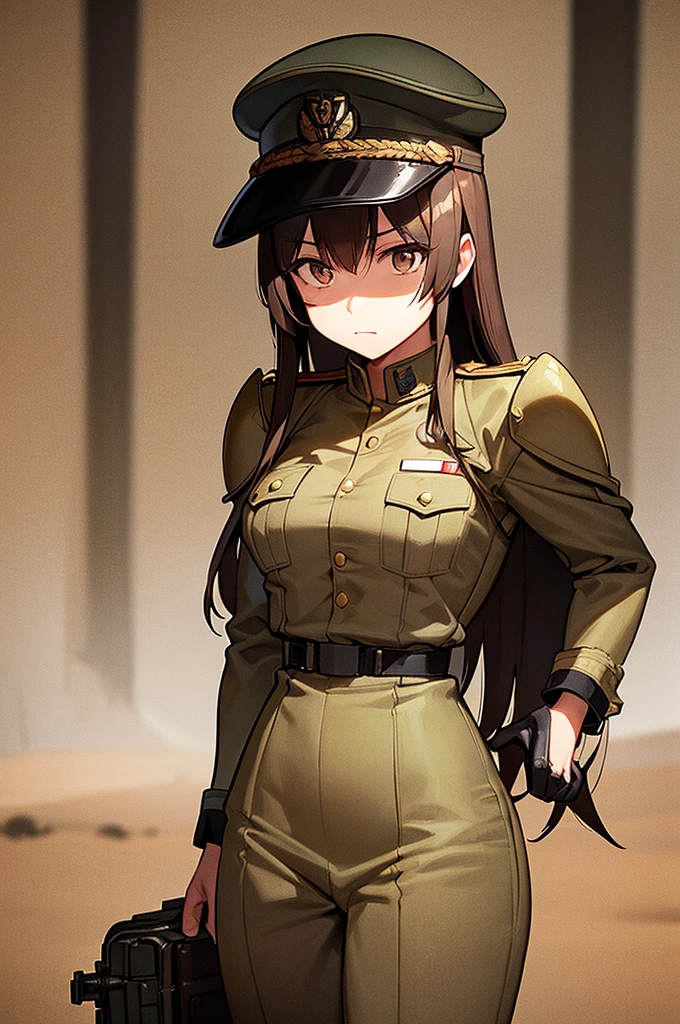 Content:
A black anime woman in a uniform inspired by German WW2 attire, standing in the desert. She has a mature face with long brown hair and brown eyes, exuding confidence and authority. She is depicted as a military general.

Medium:
Concept art, digital illustration.

Style:
Inspired by Yasutomo Oka, Pixiv, Shin Hanga, Fujita Goro, Range Murata, and Artgerm. Incorporating elements from dieselpunk aesthetics and detailed, fine art.

Lighting:
Dramatic, with strong contrasts to highlight her authoritative presence and the intricate details of her uniform. Subtle shadows add depth and realism.

Colours:
A palette dominated by military greens, browns, and desert hues, with subtle highlights to bring out the texture of the uniform and her features. The background features a desert landscape, emphasizing the military theme.

Composition:
A full-body shot, showcasing her mature and confident stance. She stands with a commanding presence, right hand saluting, and left hand behind her back. The desert environment enhances her military aura and the overall composition.