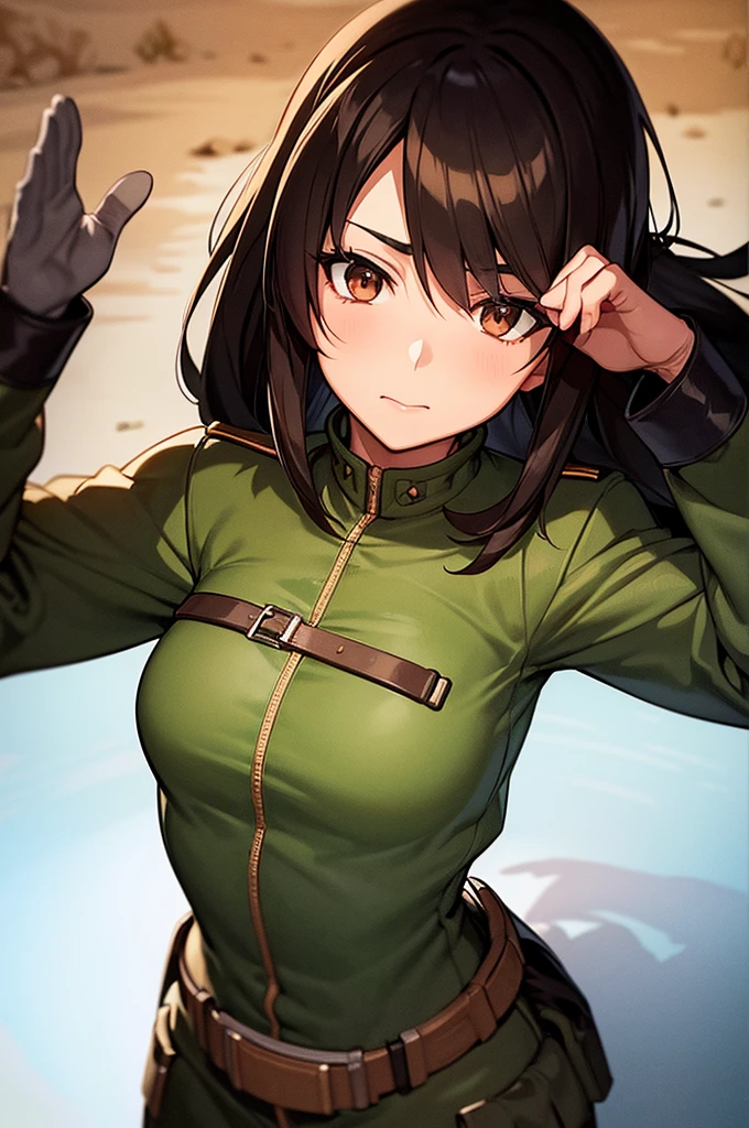 only 1 girl, folded_ponytail, guantes, pistola, militar, nano_miniskirt de mitad de largo en military_uniform, rifle, cielo, solo, upper_body, arma mirando al espectador, obra maestra, mejor calidad,