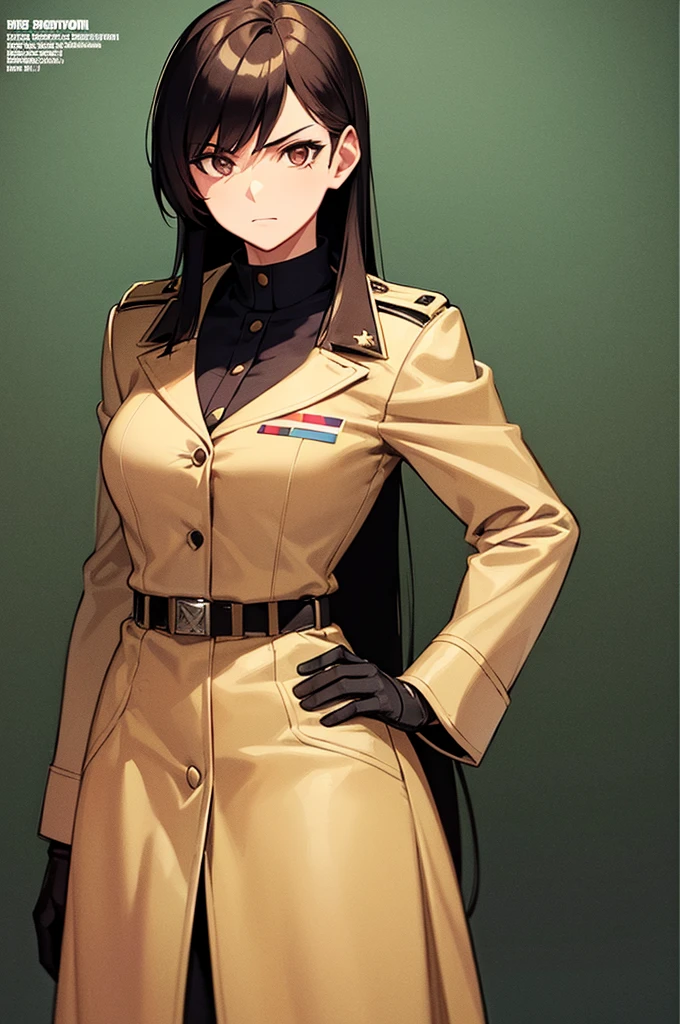 Content:
A black anime woman in a uniform inspired by German WW2 attire, standing in the desert. She has a mature face with long brown hair and brown eyes, exuding confidence and authority. She is depicted as a military general.

Medium:
Concept art, digital illustration.

Style:
Inspired by Yasutomo Oka, Pixiv, Shin Hanga, Fujita Goro, Range Murata, and Artgerm. Incorporating elements from dieselpunk aesthetics and detailed, fine art.

Lighting:
Dramatic, with strong contrasts to highlight her authoritative presence and the intricate details of her uniform. Subtle shadows add depth and realism.

Colours:
A palette dominated by military greens, browns, and desert hues, with subtle highlights to bring out the texture of the uniform and her features. The background features a desert landscape, emphasizing the military theme.

Composition:
A full-body shot, showcasing her mature and confident stance. She stands with a commanding presence, right hand saluting, and left hand behind her back. The desert environment enhances her military aura and the overall composition.