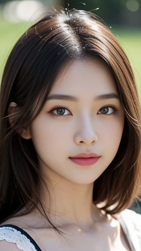masterpiece, Highest quality, masterpiece, God-like quality, Godly art, Highly detailed face, Very realistic, cute, Young girl, smile, Ordinary eyes, Long eyelashes, Tapered eyebrows, Multicolored Hair, Variegated eyes, Shiny skin, Fuller lips, Big Lips, Shiny skin, Blushing, Nice views
