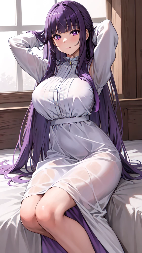 masterpiece, Highest quality, High resolution, Arfern, Long Hair, Purple Hair, Blunt bangs, Purple eyes, Large , Long dress, White Dress, Long sleeve, Sitting,arms behind head, Bedroom,(Puffing’s cheeks), Cowboy Shot,