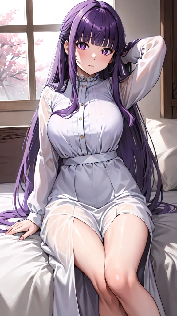 masterpiece, Highest quality, High resolution, Arfern, Long Hair, Purple Hair, Blunt bangs, Purple eyes, Large Breasts, Long dress, White Dress, Long sleeve, Sitting,arms behind head, Bedroom,(Puffing one’s cheeks), Cowboy Shot,