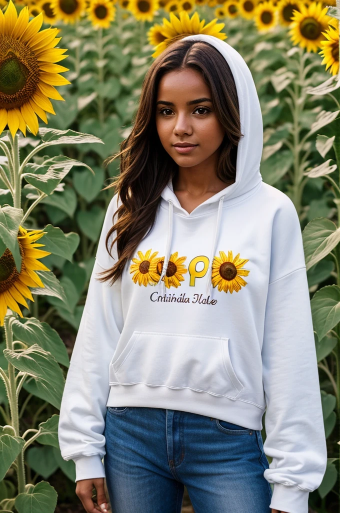 Young woman in a sunflower field wearing a white sweatshirt with the name Cynthia Barron written at chest level