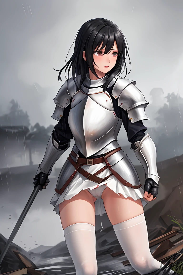 female knight armor Torn white skirt Torn white tights White underwear Black Hair Shortcuts battlefield heavy rain rape