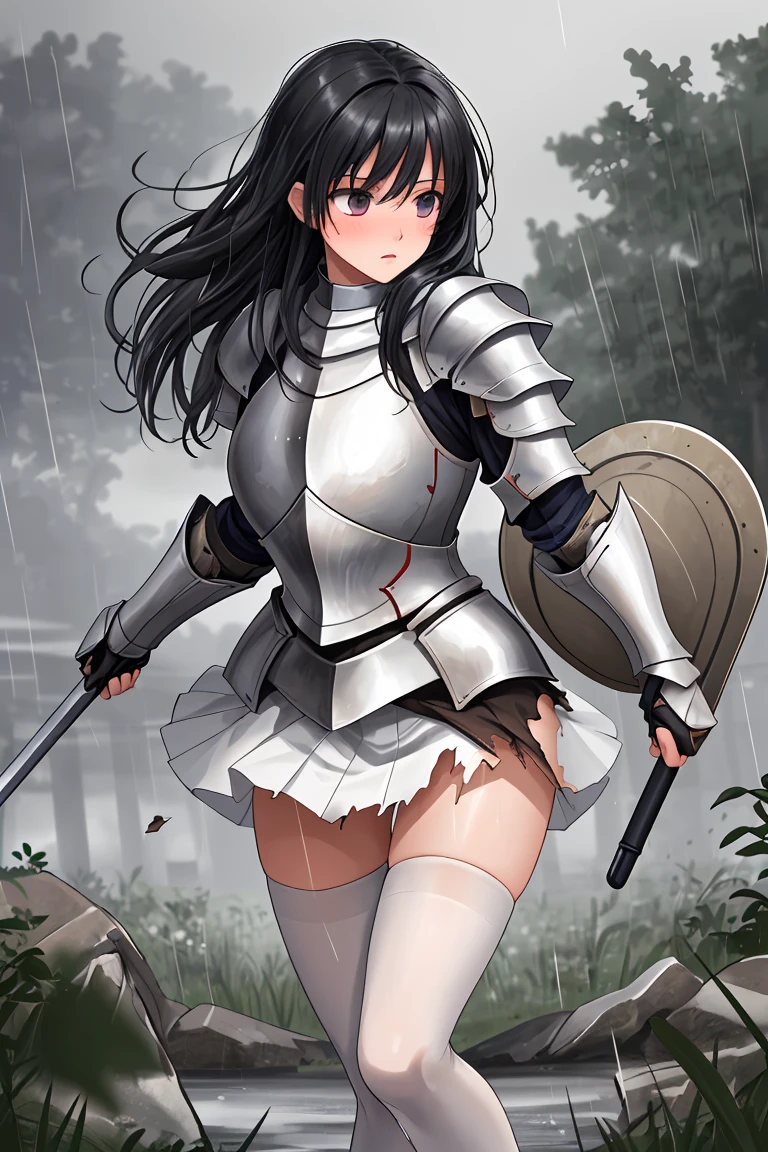 female knight armor Torn white skirt Torn white tights White underwear Black Hair Shortcuts battlefield heavy rain rape