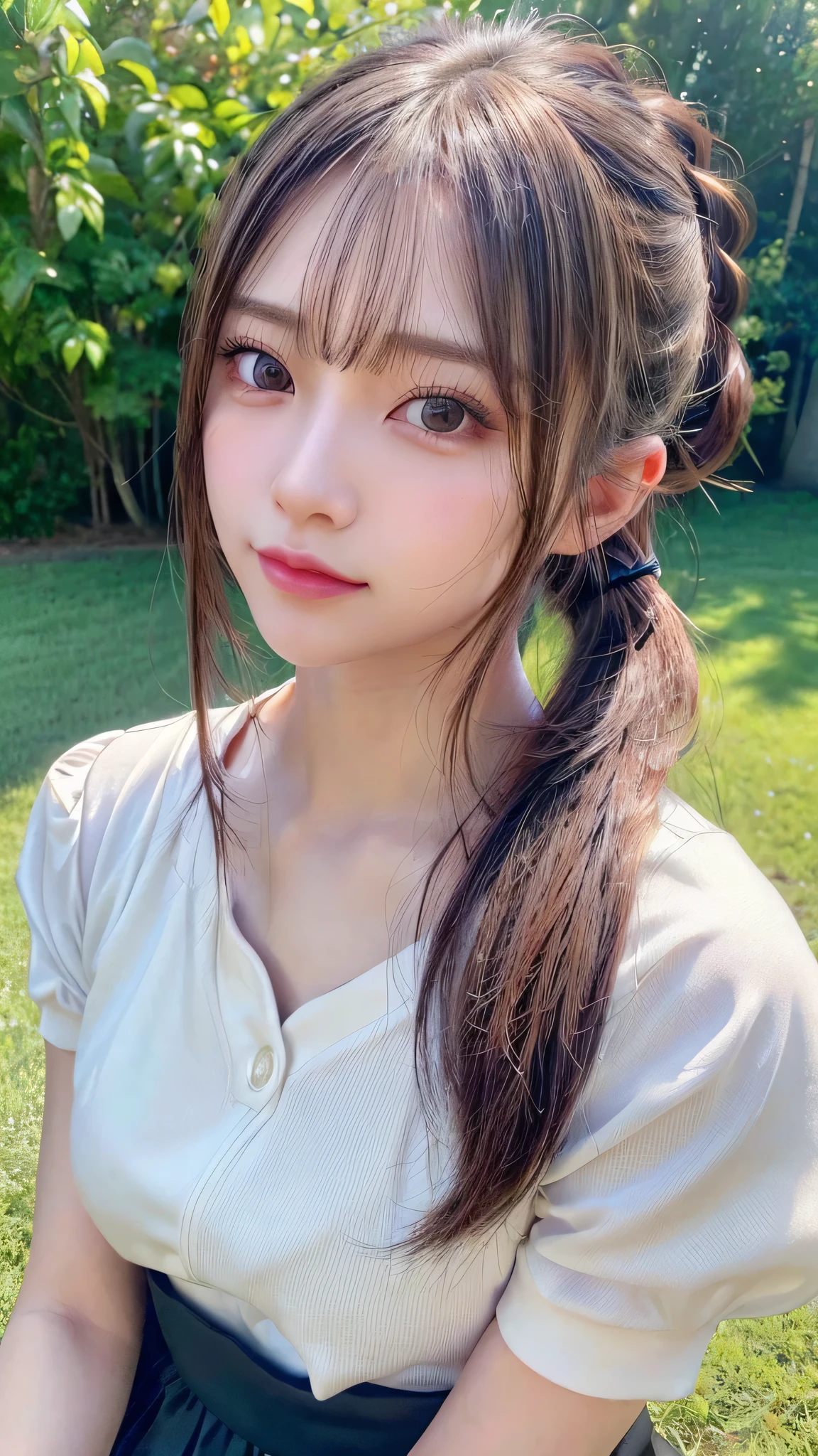 One piece with collar,outdoors,Urban Park,On the lawn,Ultra-detailed, finely detail, hight resolution, 8K Wallpaper, Perfect dynamic composition, Beautiful detailed eyes,Outdoor,Close-up of face,Outdoor,Blushing,Facing forward,,Long hair ponytail,((8k, Raw photo, Best Quality, Mastepiece:1.2), (Realism, Photorealistic:1.4), (Highly detailed 8K wallpapers), Depth of written boundary, Cinematic Lighting, Soft Light, Detailed Beauty Eye,Shiny and smooth light brown ponytail, Asymmetrical bangs, Shiny skin, Ultra-detailed skins ,It is high resolution., High detail, Detailed hairstyle, Detailed facial beauty, Hyper-realistic, Perfect limbs, Perfect Anatomy ,1 Japanese girl,Famous Japanese Idols, Perfect female body,A shy smile,Short eyelashes,Double-edged eyelids,Look straight here,Hair style: ponytail,