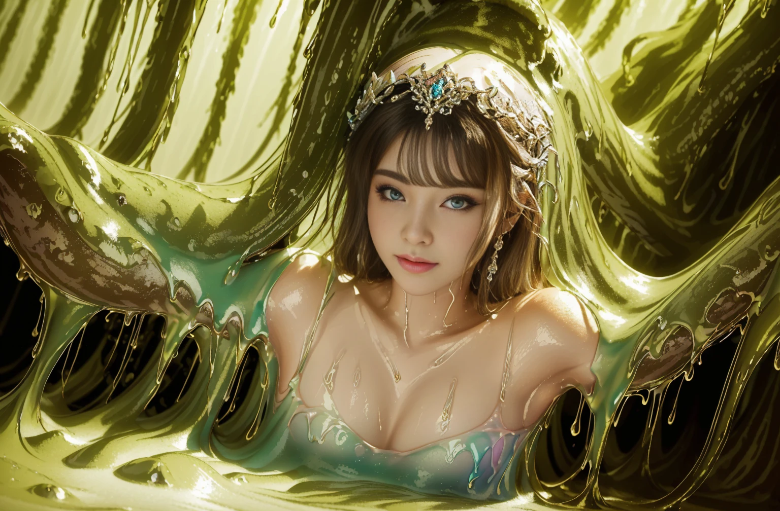 a beautiful princess covered in slime, extremely detailed face and features, masterfully crafted 3D render, highly detailed, photorealistic, sharp focus, vibrant colors, dramatic lighting, fantasy art, intricate details, musterbation, aroused