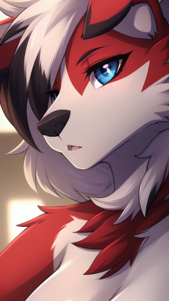 By zinfyuu on pixiv,by twistedscarlet60, uploaded on pixiv, by fluff-kevlar, (masterpiece), (best quality), (anthro furry:1.3, snout:1.2, anthro:1.3, furry:1.2, solo female:1.2),BREAK,pokemon, lycanroc, lycanroc midnight,nude, sfw ,:o, kiss me, close up camera angle
