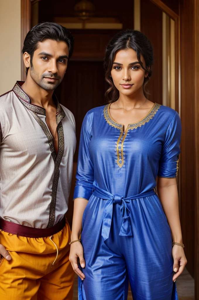 A 33 year old woman looks strong and has a strong body. The kurta and pajama costume worn by men is accompanied by a thorta around the head and waist.