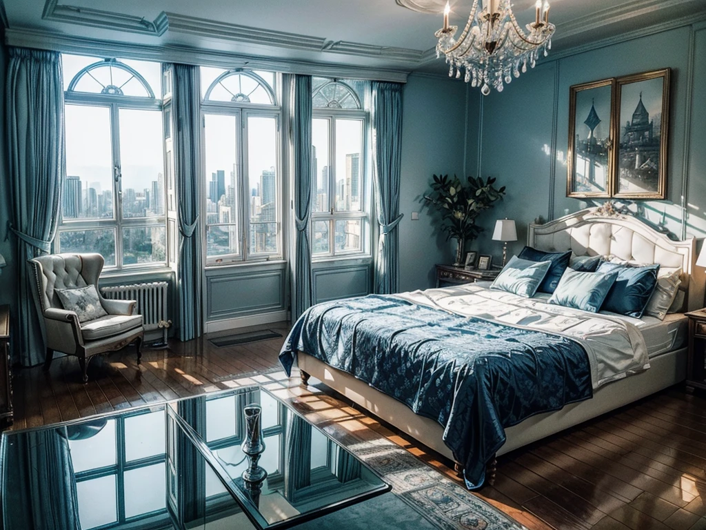 High-resolution images,Glass House,Glass House,Large floor-to-ceiling windows,There is a blue bed in the room,White curtains,TV set,bookshelf。The wall is glass window, The most important thing in the room is a big bed,The window is the villa garden,City skyscrapers