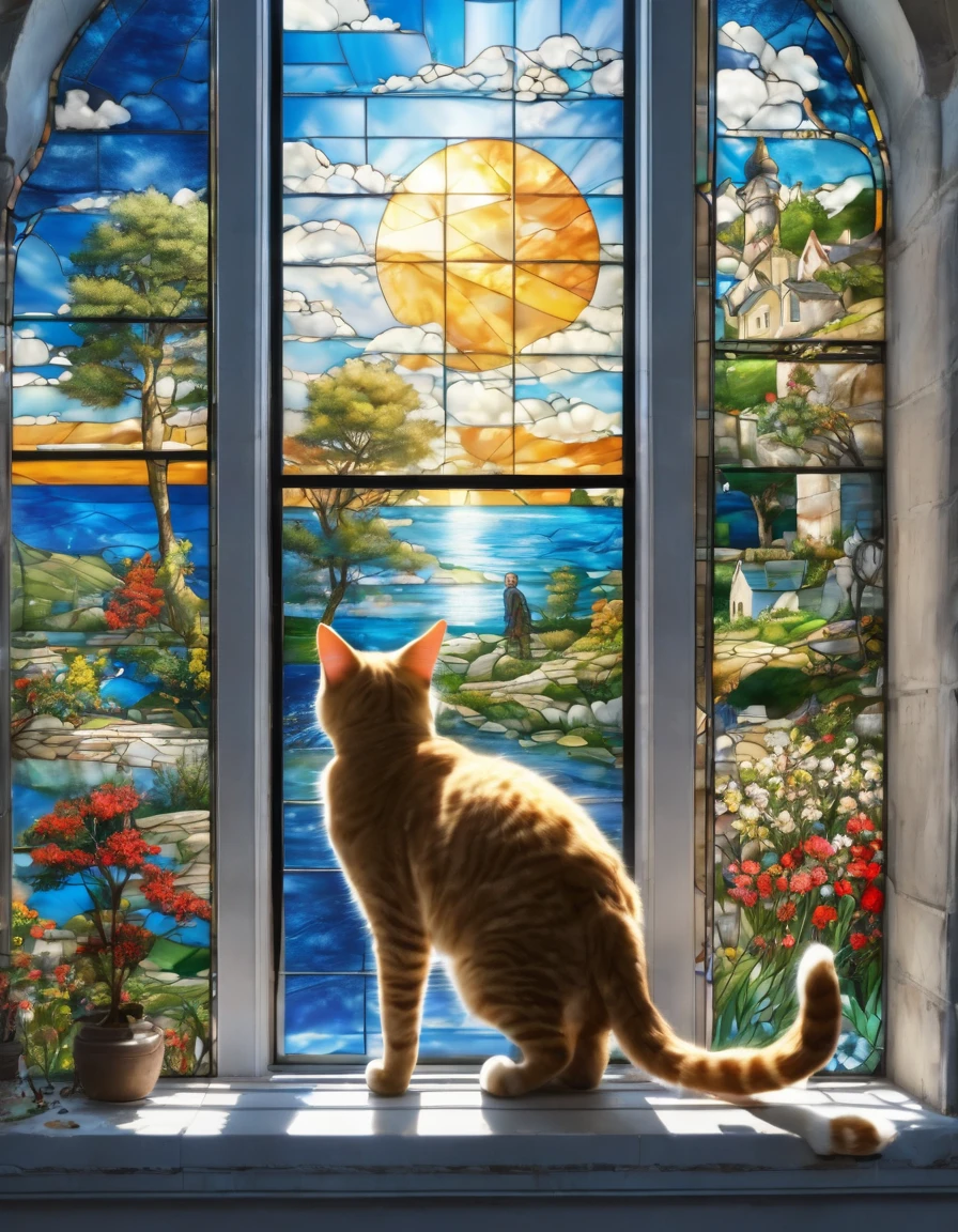 Highest quality,Masterpiece,Super Long Shot, Ultra-realistic, blue sky, wall, Stained glass cat pattern window made by d4bz,A boy grabs it and takes it out
