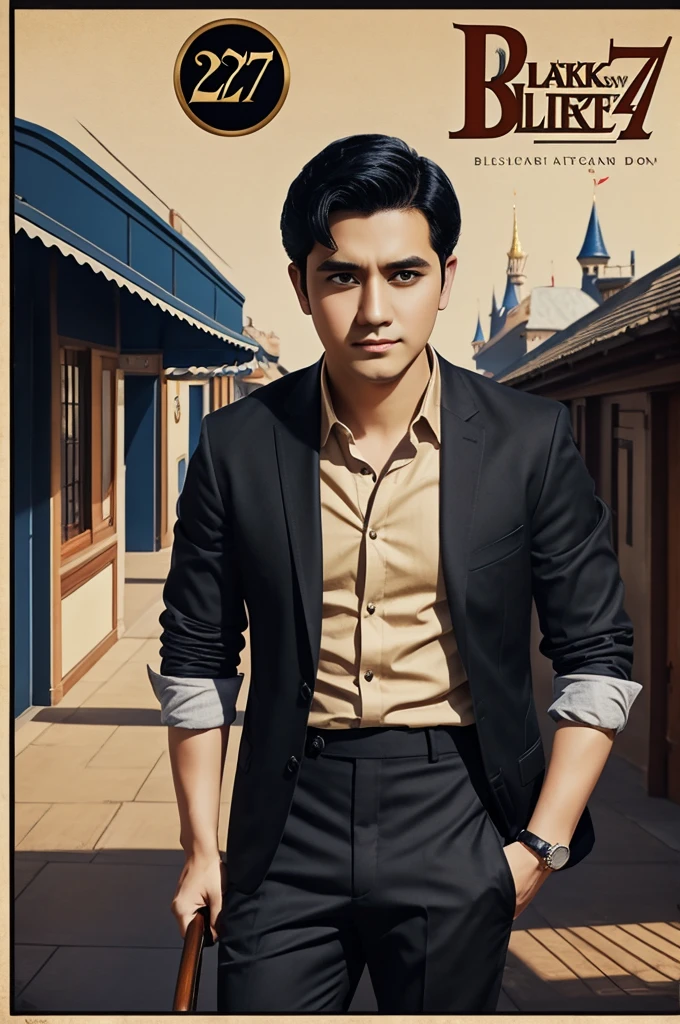 Disney style poster 27 year old boy with black hair and black eyes wearing dark blue shirt, beige pants and brown shoes