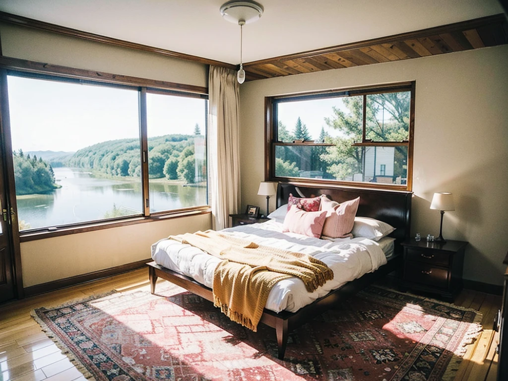 HD photos and pictures。Glass House，Glass House，Large floor-to-ceiling windows，There is a pink bed in the room，curtain，TV set，bookshelf。The wall is glass window， The most important thing in the room is a big bed，The river outside the window, Lakes and lakes.Ice on the water，winter，Outside the window is the city&#39;s high-rise buildings and street scenes