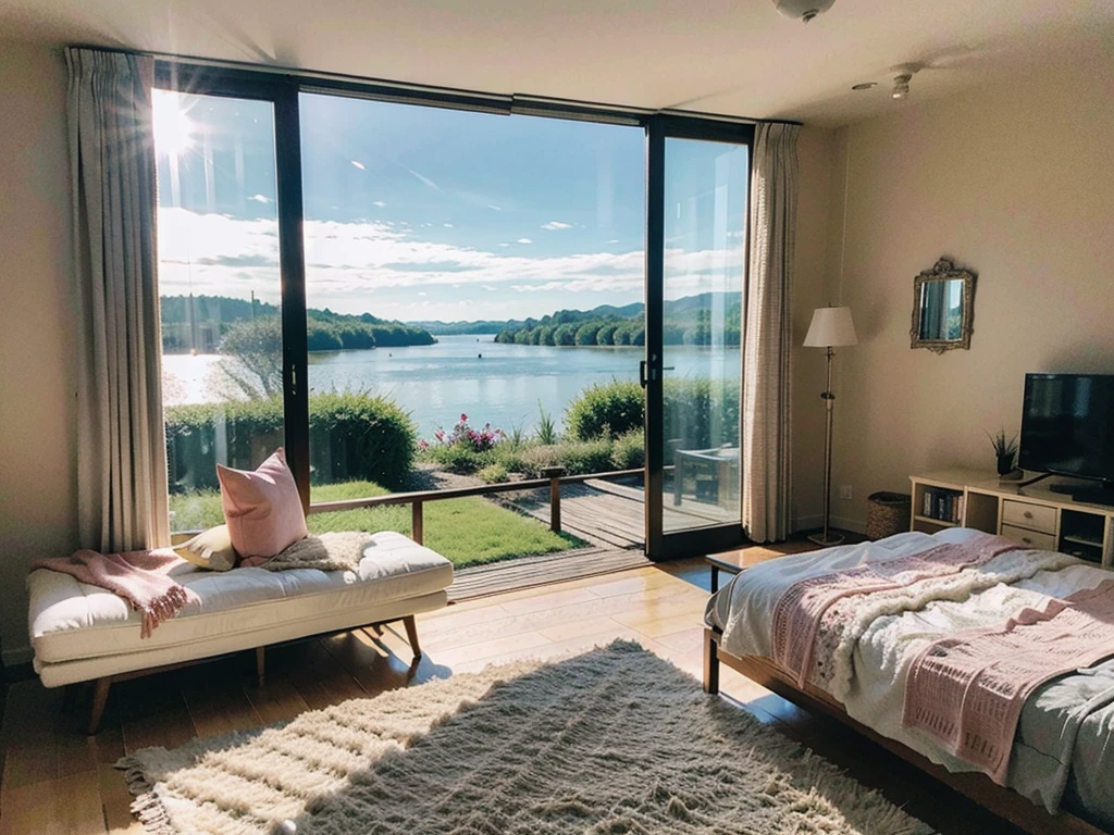 HD photos and pictures。Glass House,Glass House,Large floor-to-ceiling windows,There is a pink bed in the room,curtain,TV set,bookshelf。The wall is glass window, The most important thing in the room is a big bed,The river outside the window, Lakes and lakes.Ice on the water,winter,Outside the window is the city's high-rise buildings and street scenes