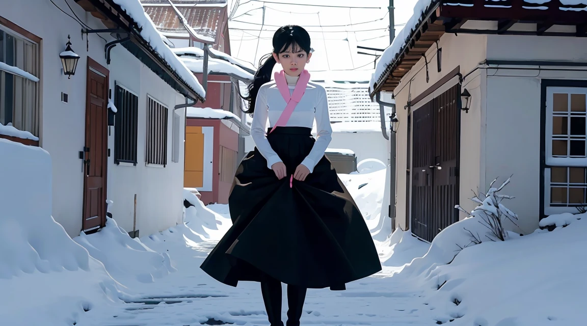 (best quality,high resolution:1.2), very detailed, realistic portrait, sexy woman,, pretty face, perfect long legs, whole body, small waist. big bust, standing, tight white jumper, black high waist leggings, pink and white boots, in the snow, big blue eyes, Long black hair tied with a ribbon, tight high waist skirt, wool socks, Scarf around the neck