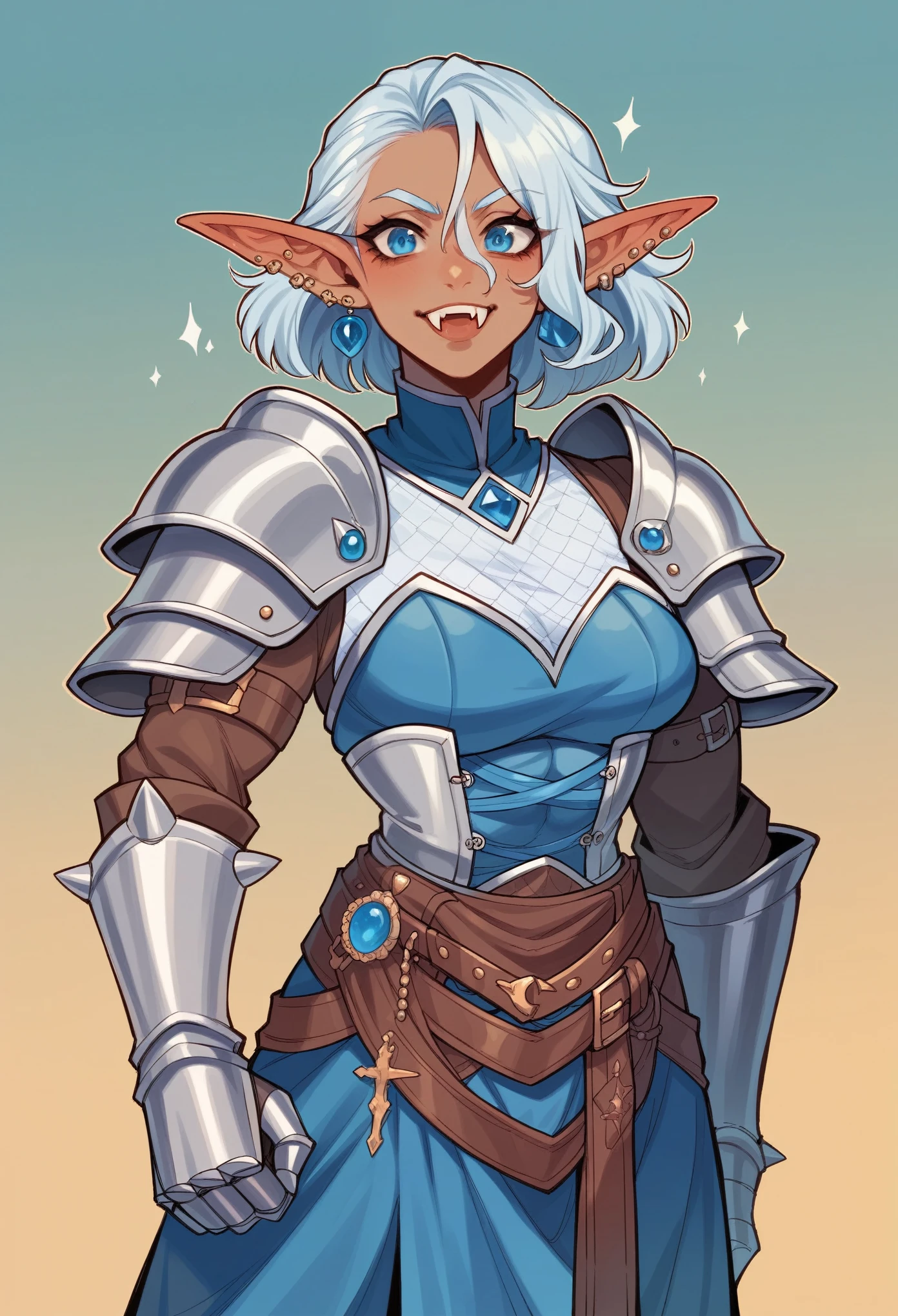 Skin: blue-azure, Gender: female, Ears: sharp, elf-like, Build: toned and athletic, Fangs: prominent, Eyes: piercing, icy blue, Hair: dark blue, cascading to shoulders, Clothing: fully enclosed, predominantly azure with intricate brown accents and mystical engravings, styled in medieval fantasy fashion, Pauldrons: broad, spiked, Gauntlets: reinforced, Greaves: sturdy, Overall appearance: a blend of elegance and otherworldly grace